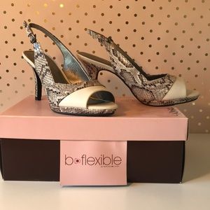 Snake/white sling back heels